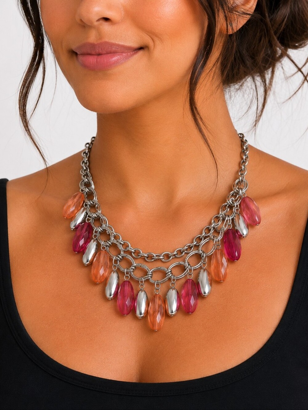 💎 Silver Tone Layered Statement Necklace Pink Orange Beaded Dangle Bib Jewelry